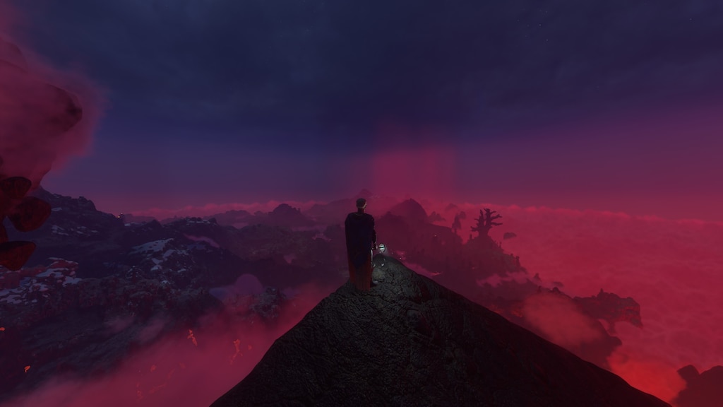 A lone character on a rocky peak overlooking mountains and glowing red mist beneath a purple night sky in Enshrouded.